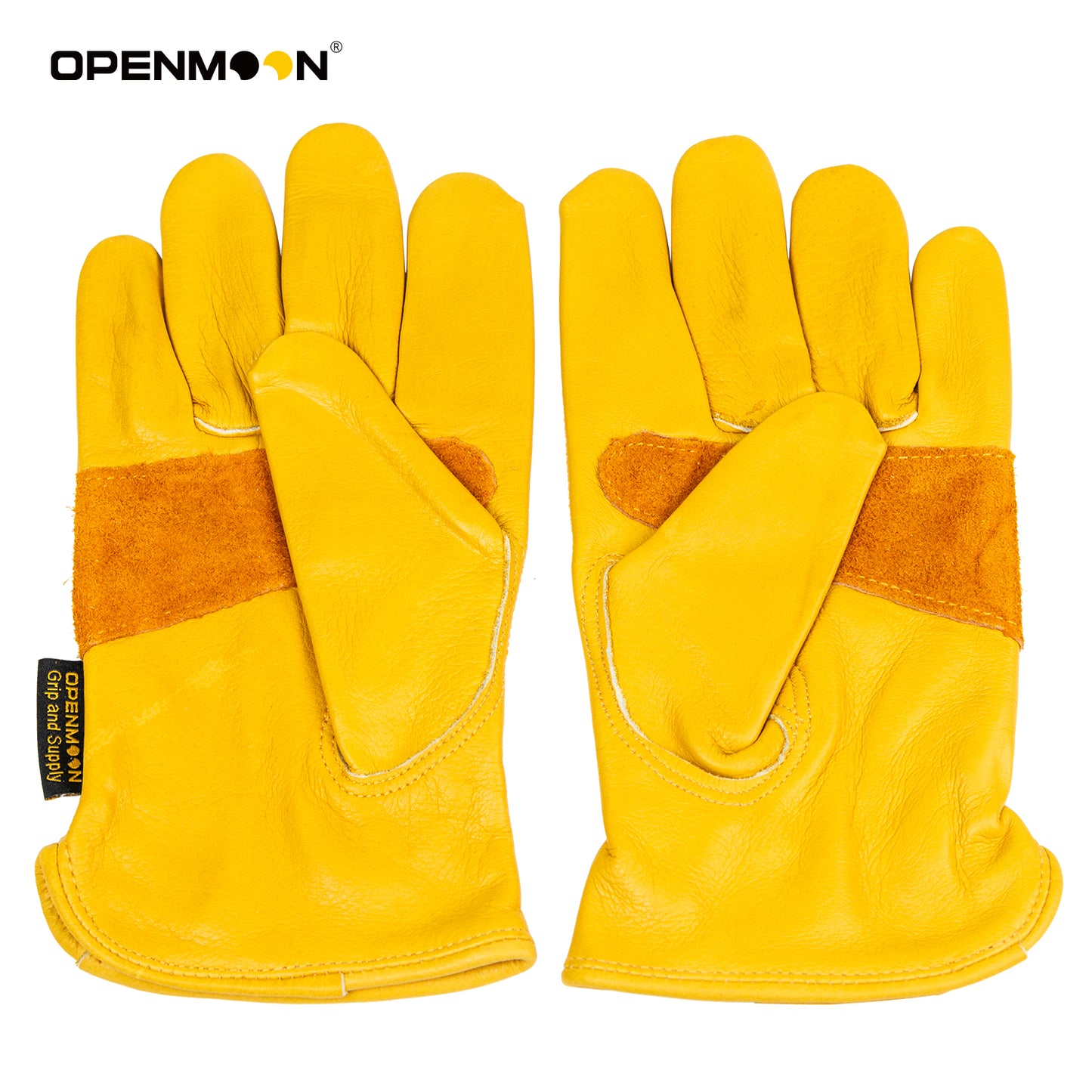 OPENMOON Flex Grip Leather Work Gloves Stretchable Wrist Tough Cowhide Working Glove 1 Pair