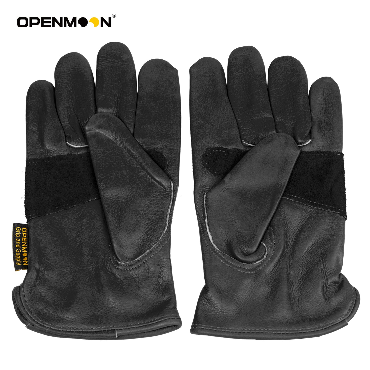 OPENMOON Flex Grip Leather Work Gloves Stretchable Wrist Tough Cowhide Working Glove 1 Pair (Black)