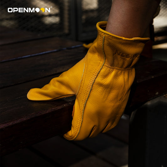 OPENMOON Flex Grip Leather Work Gloves Stretchable Wrist Tough Cowhide Working Glove 1 Pair