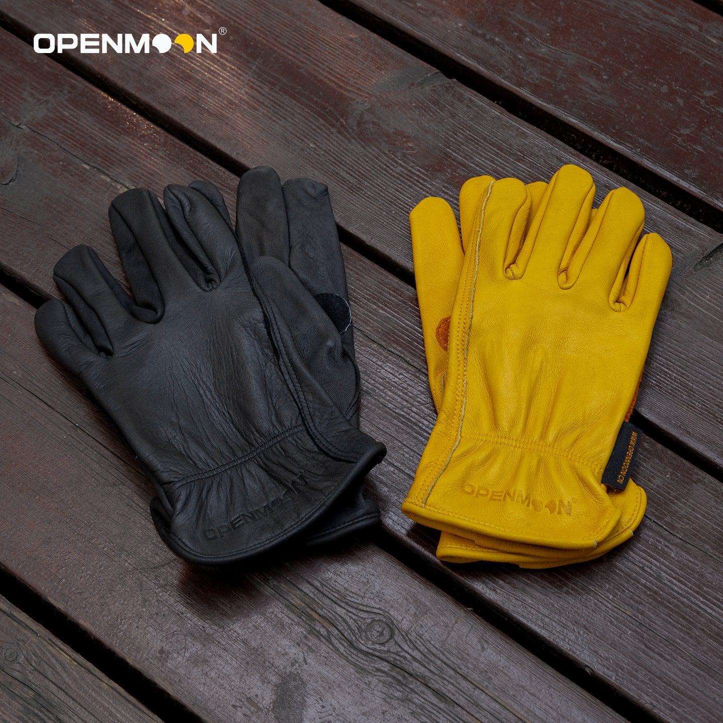 OPENMOON Flex Grip Leather Work Gloves Stretchable Wrist Tough Cowhide Working Glove 1 Pair (Black)