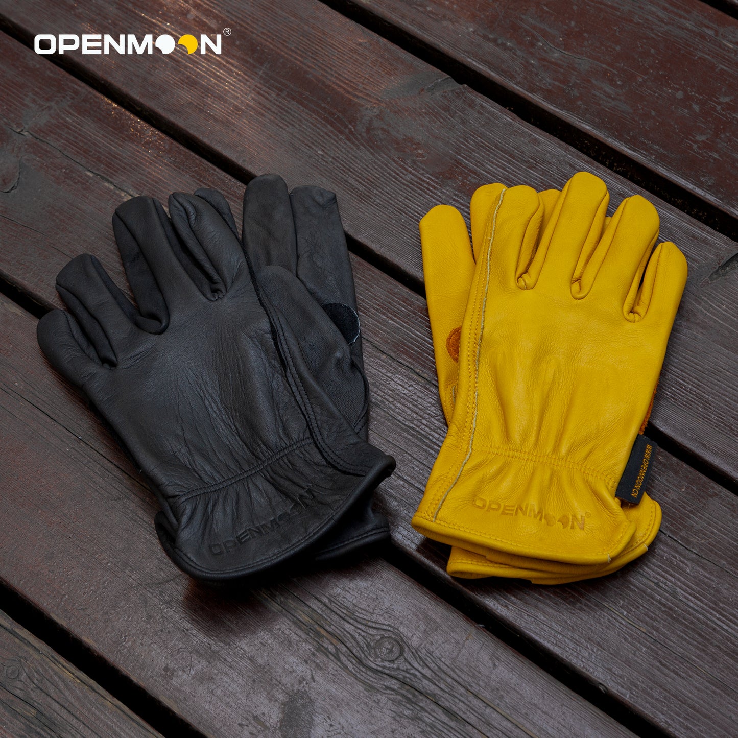 OPENMOON Flex Grip Leather Work Gloves Stretchable Wrist Tough Cowhide Working Glove 1 Pair
